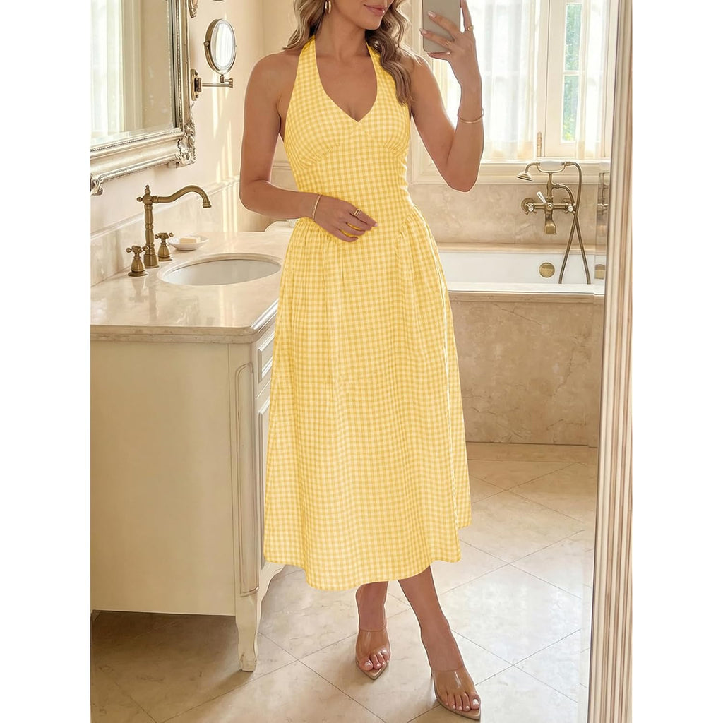 Wenrine Womens Halter V Neck Corset Maxi Dresses Summer Plaid Smocked Tie Back Backless Wedding Guest Drop Waist Dress