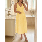 Wenrine Womens Halter V Neck Corset Maxi Dresses Summer Plaid Smocked Tie Back Backless Wedding Guest Drop Waist Dress