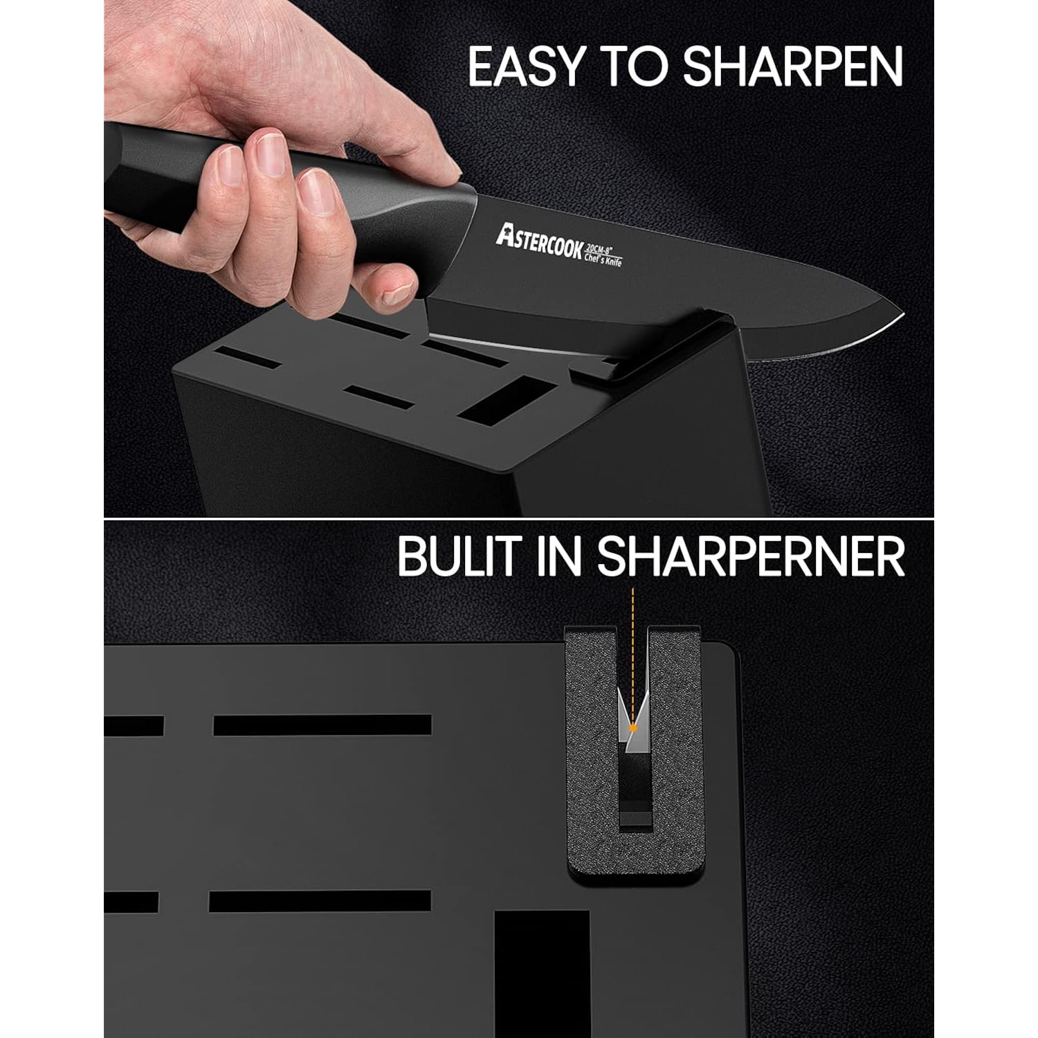 Astercook Knife Set, Kitchen Knife Set with Built-in Sharpener Block, Dishwasher Safe, 15 Pieces German Stainless Steel Knife Block Set, Black Perfect Kitchen Gifts for Mom Dad