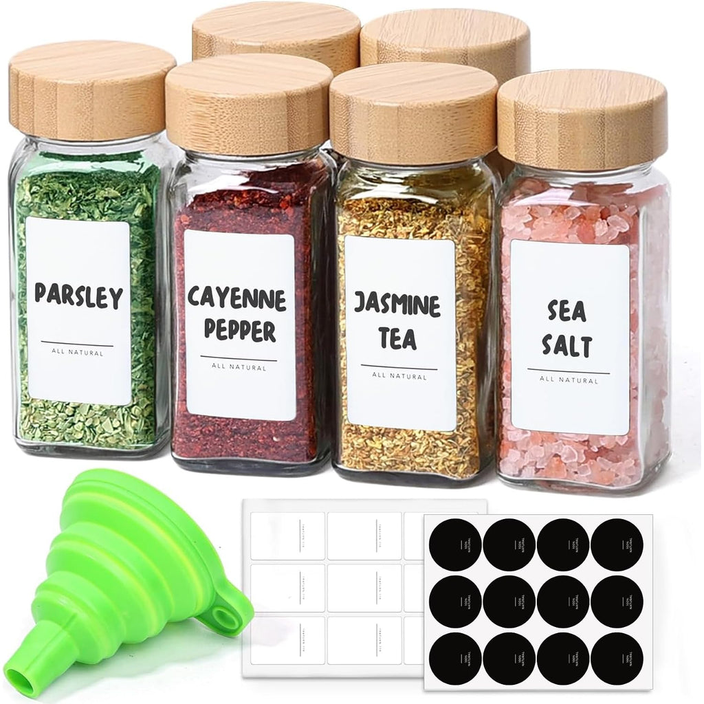 Comsaf Glass Spice Jars With With Labels 4 Oz 6 Pack Small Bamboo Lids | Empty Containers, Seasoning Herb Powder, Salt Pepper Chili, Spice Rack Organization, Kitchen Cabinet Storage, Funnel Included