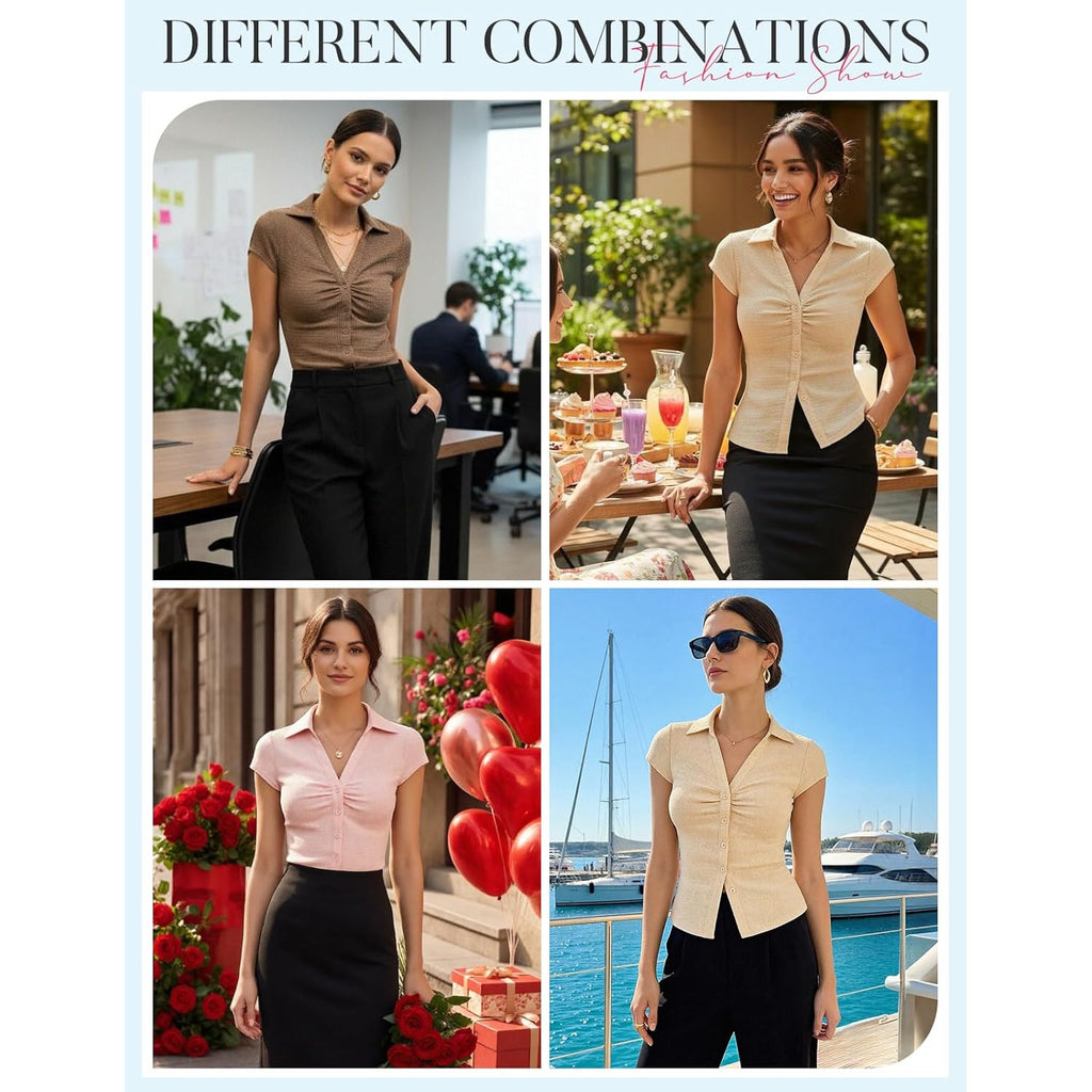 Women Button Down Blouse, V-Neck Ruched Tops with Y2K Collar, Slim Fit Cap Sleeve Business Casual Going Out Shirt