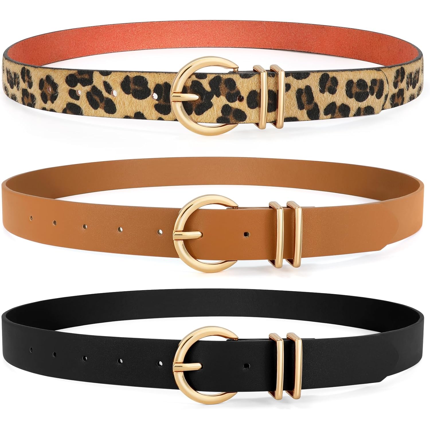 VONMELLI 3 Pack Women's Leather Belts for Jeans Dresses Ladies Waist Belt with Fashion Gold Buckle