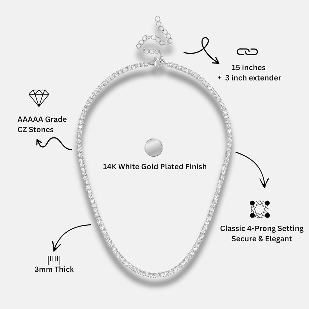 KISPER Tennis Necklace for Women 14K Gold Plated 3mm Cubic Zirconia Diamond Chain Adjustable 15-18" 4-Prong Setting Classic