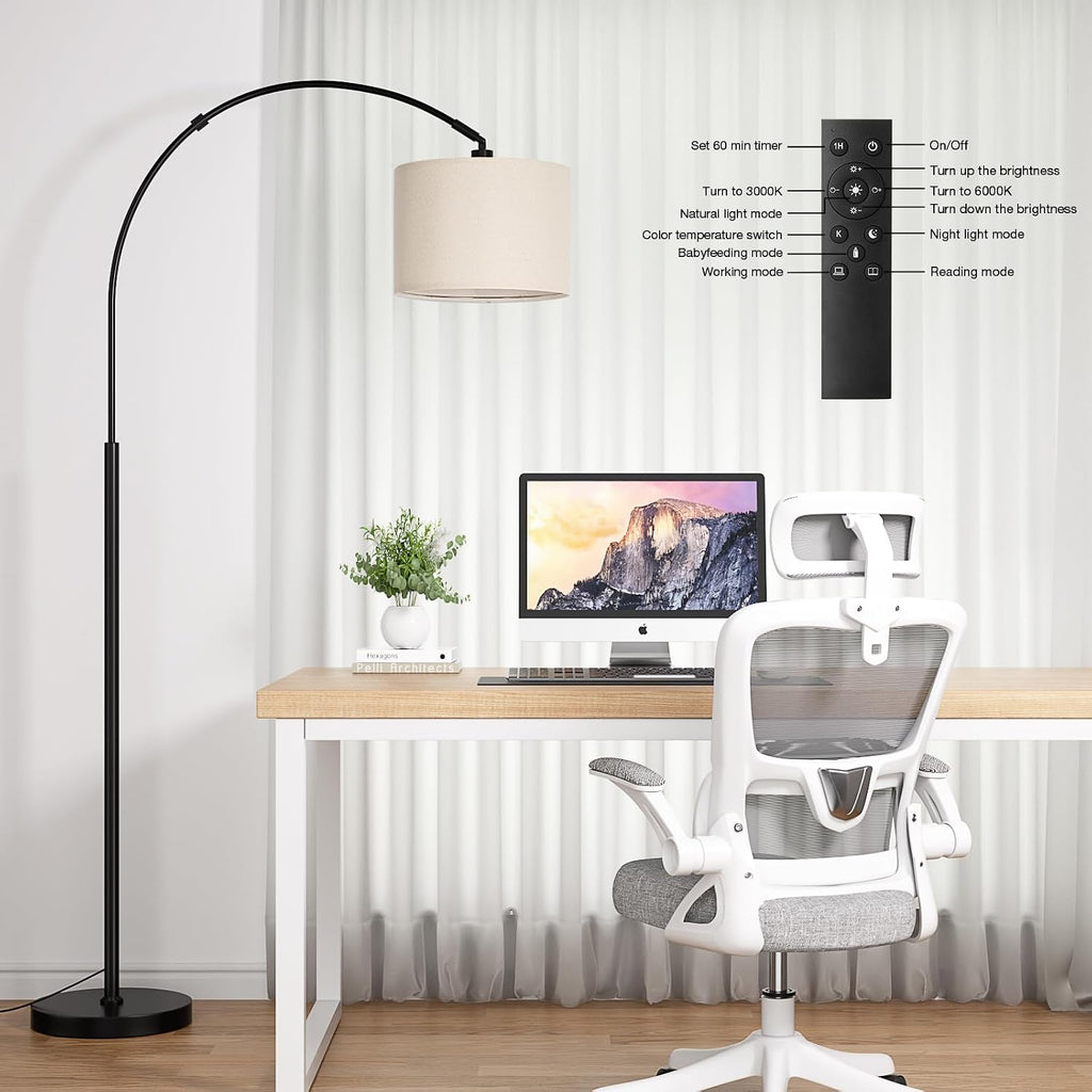 70" Dimmable Arc Floor Lamp With Remote, Color Temp Adjustable | Arched Floor Lamp With Rotating Head, Foot Switch And Remote, Over Couch Arched Light For Living Room, Deep Beige And Black