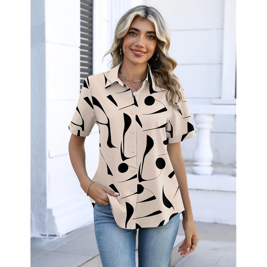 Button Down Shirts for Women Short Sleeve Collared Tops Dressy Casual V Neck Blouses