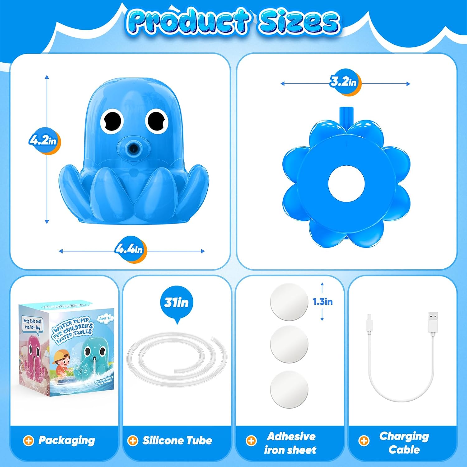 Water Table Pump, Magnetic No-Drill Rechargeable Battery Powered Continuous Flow Water Pump, Fits Water Tables & Step 2, Cordless Pump Toys, Outdoor Water Play Accessories For Kids & Toddlers, Blue