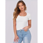 Women Short Sleeve Tops Scoop Neck Ribbed Knit Slim Fitted Basic Tee Shirt Casual Summer Clothes 2026 Spring Outfits