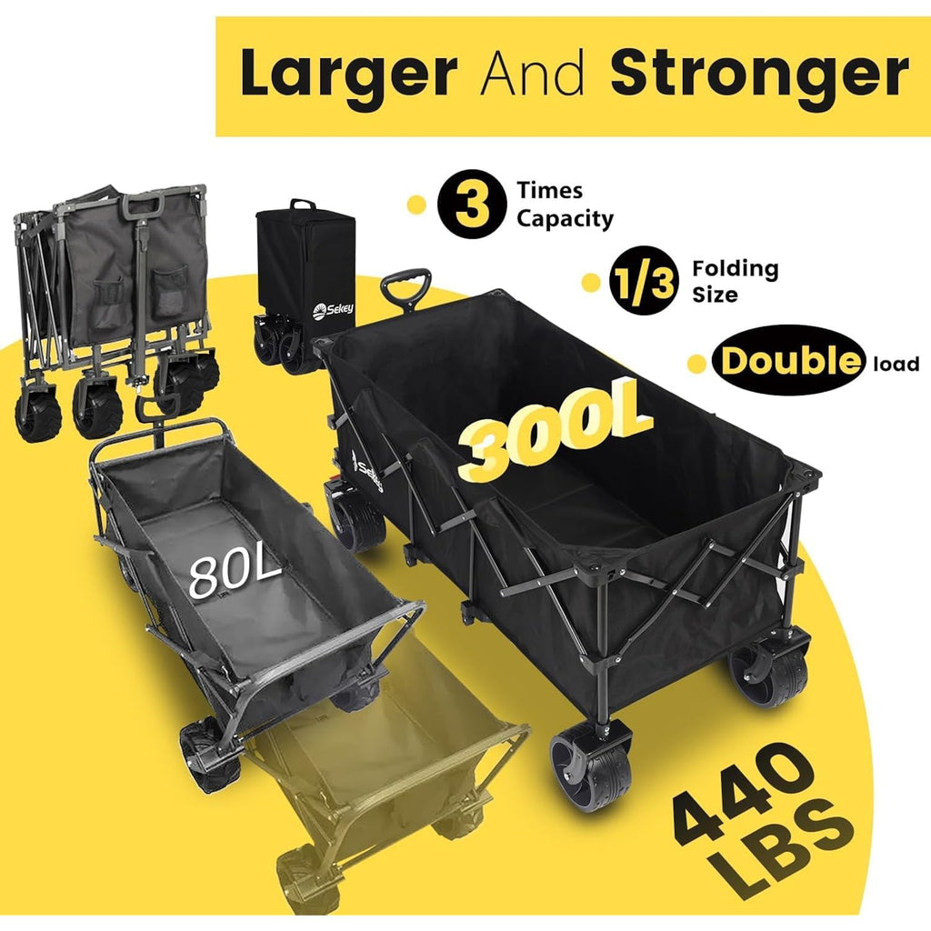 Sekey 48''L Collapsible Foldable Extended Wagon With 660Lbs Weight Capacity, Heavy Duty 300L Folding Utility Garden Cart With Big All-Terrain Beach Wheels & Drink Holders. Black