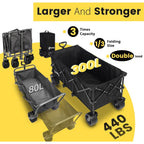 Sekey 48''L Collapsible Foldable Extended Wagon With 660Lbs Weight Capacity, Heavy Duty 300L Folding Utility Garden Cart With Big All-Terrain Beach Wheels & Drink Holders. Black