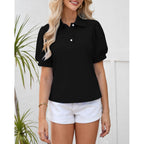 Polo Shirts for Women Short Puff Sleeve Collared V-Neck Tops for Casual Work