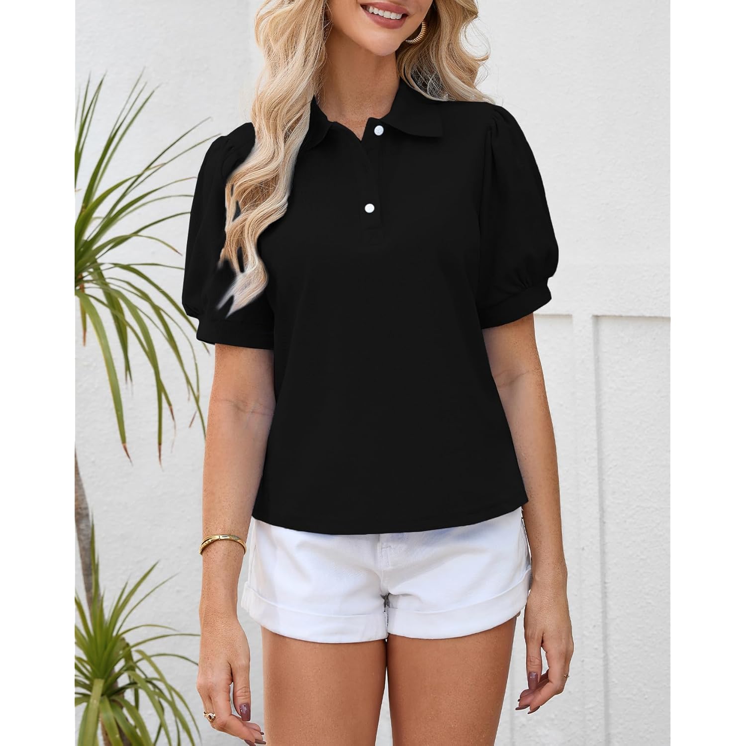 Polo Shirts for Women Short Puff Sleeve Collared V-Neck Tops for Casual Work
