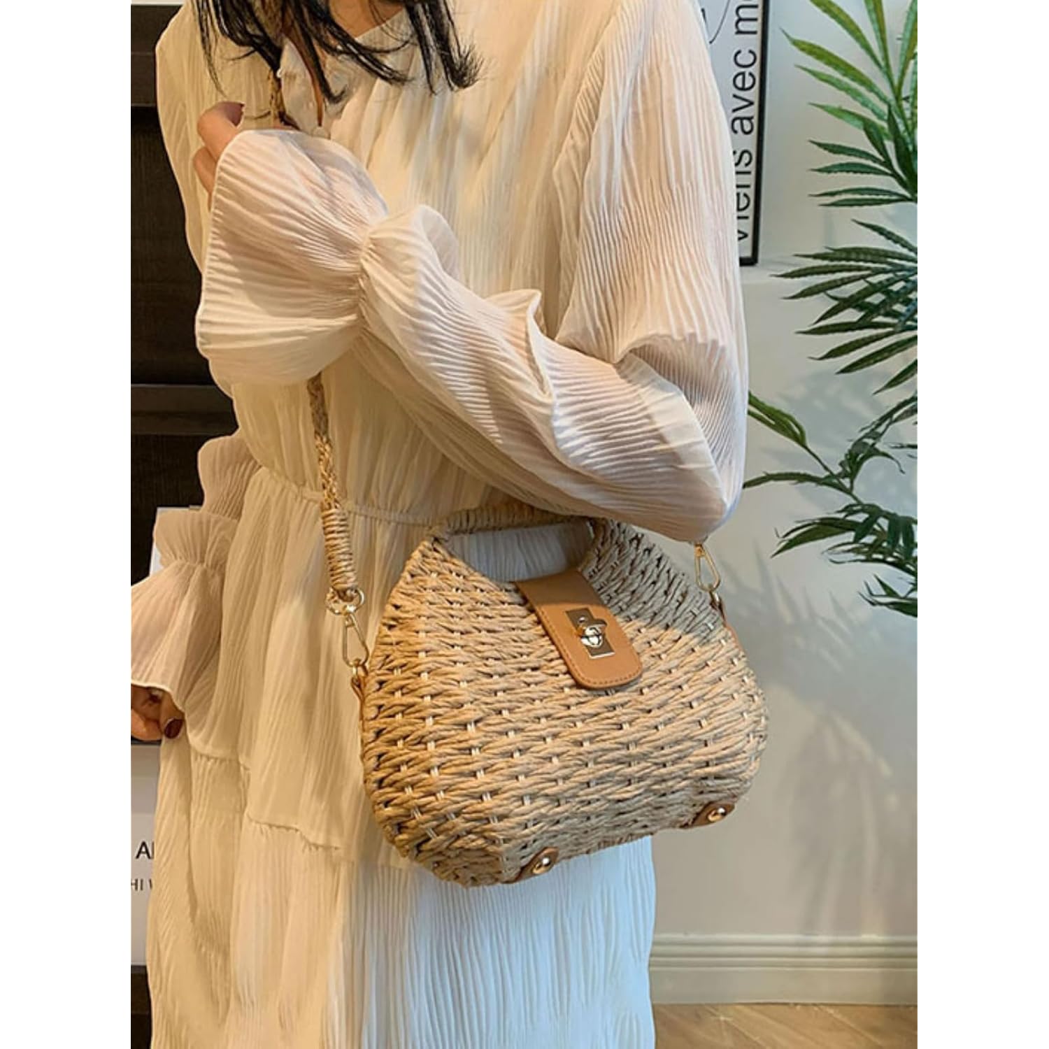 Handmade Straw Woven Bag Beach Clutch Purses Women Vacation Shell Shoulder Crossbody Summer Dumpling Handbag Basket Tote