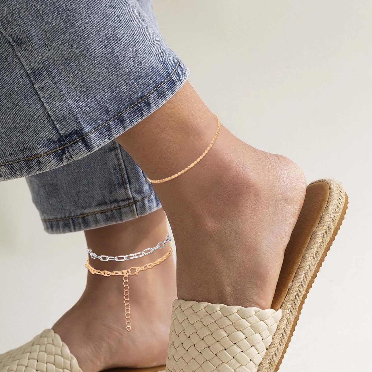 12pcs Gold/Silver Ankle Bracelets for Women Layered Waterproof 14k Cuban Link Chain Anklets Set Adjustable Dainty Summer Beach Gold Accessories Boho Bracelet Jewelry