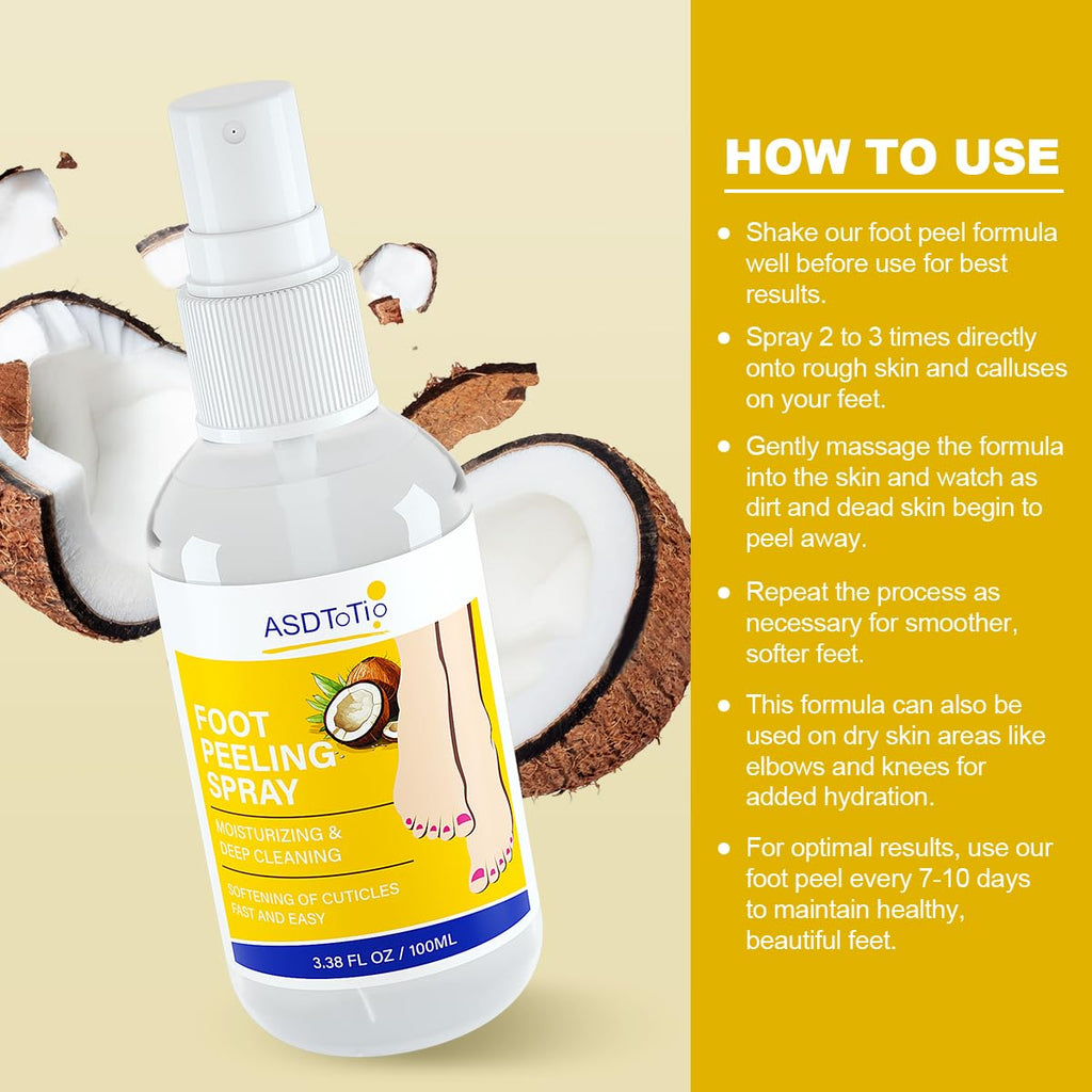 Instant Foot Peeling Spray- Coconut Foot Peeling Spray Instantly Remove Dead Skin, Hydrate & Nourish. Exfoliate Dry, Rough Skin- 4 fl.oz