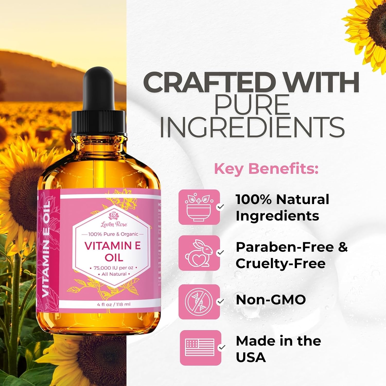 Vitamin E Oil By Leven Rose 75,000 Iu Per Oz 100% Natural, Organic, Pure Vitamin E Oil For Skin, Face, Hair, Nails, And Scars, 4 Oz