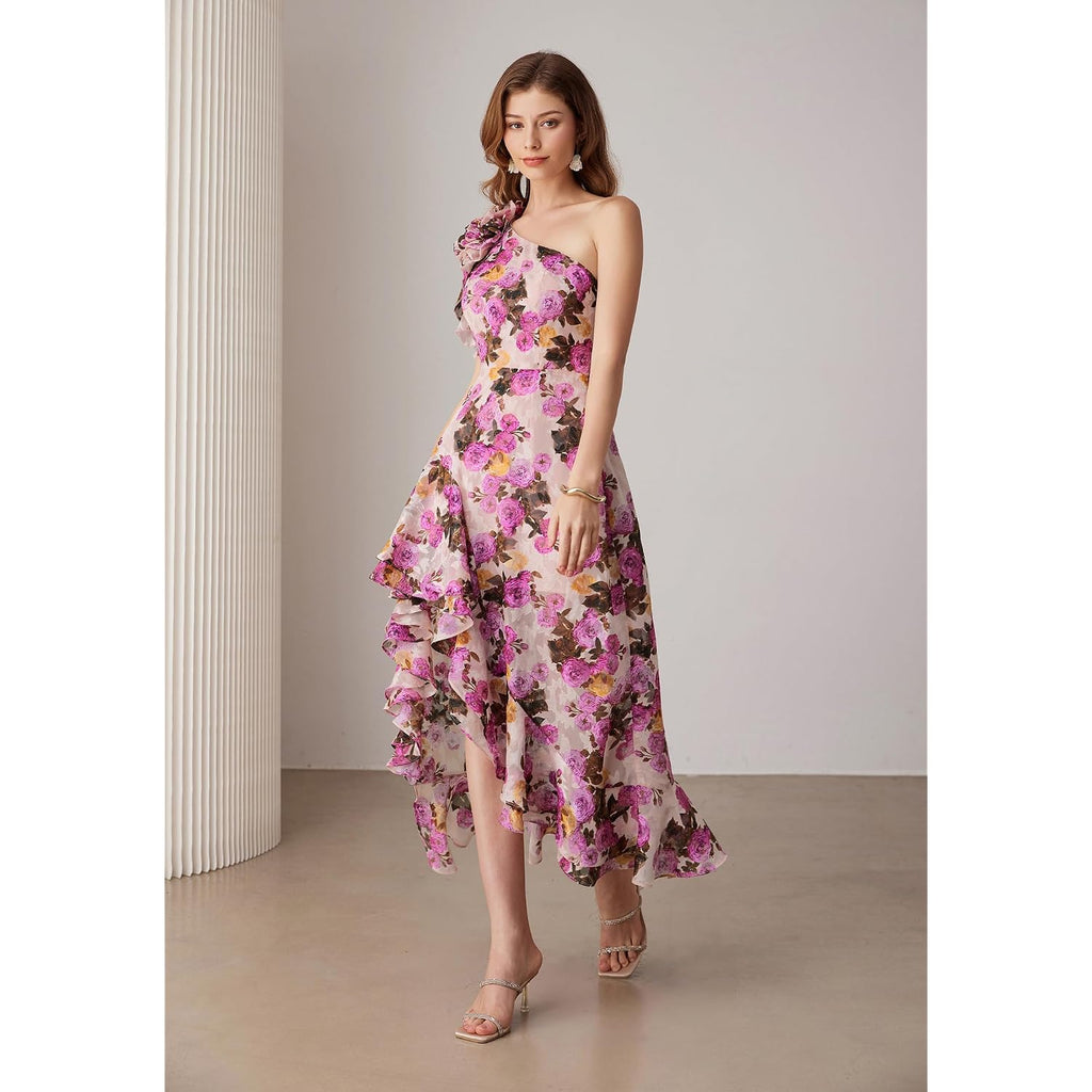 Grace Karin Womens Summer One Shoulder Sleeveless Dresses Floral Flowy Ruffle High Low Wedding Guest Maxi Sundresses