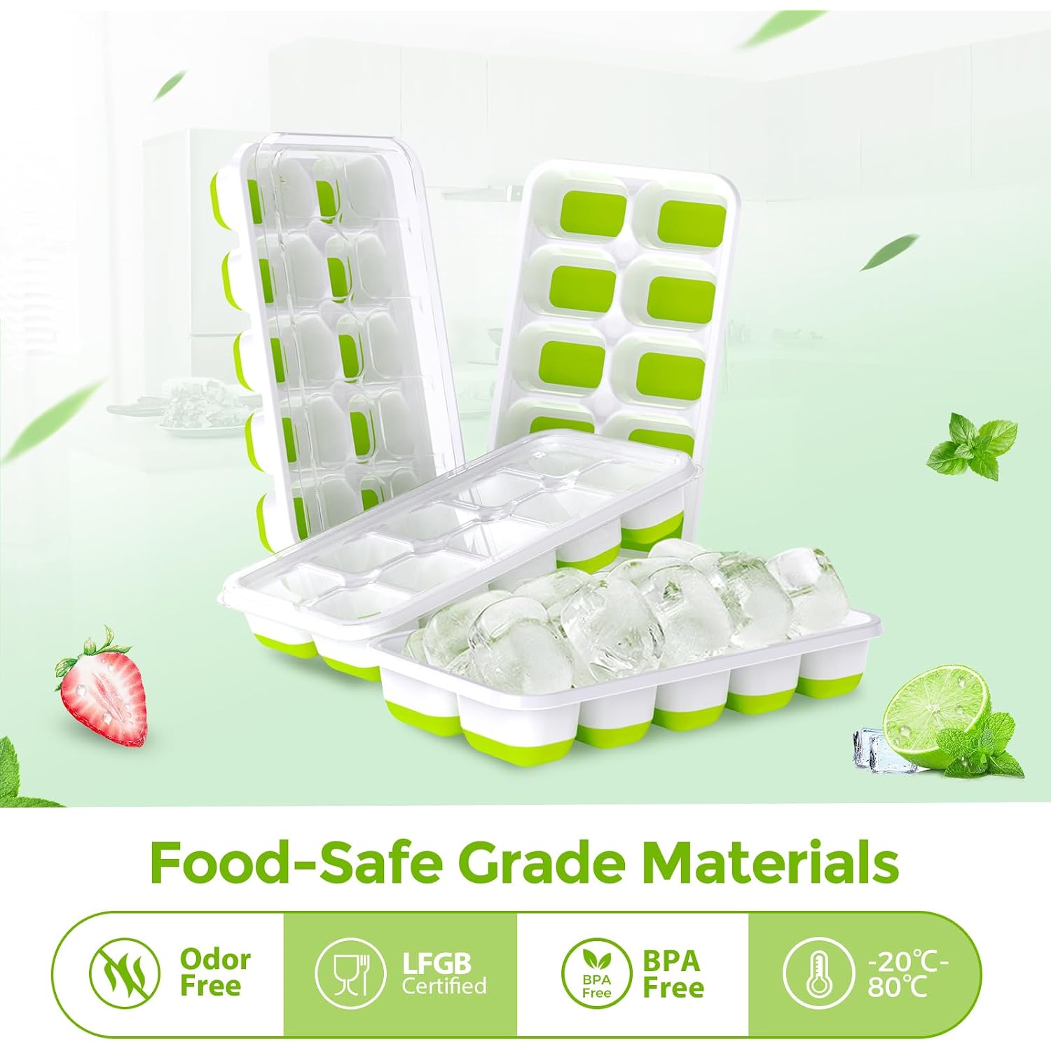 Doqaus Ice Cube Tray With Lids - 4 Pack Stackable Silicone Ice Trays For Freezer, Bpa & Lfgb Safe, Easy Release For Kitchen, Rv, Cocktail, Coffee, Soup & Food