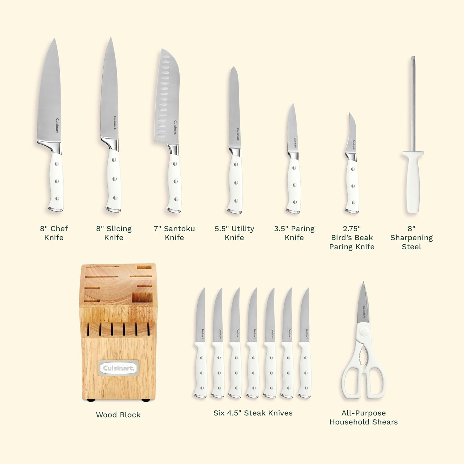 Cuisinart 15-Piece Knife Set With Block, High Carbon Stainless Steel, Forged Triple Rivet, White, C77Wtr-15P