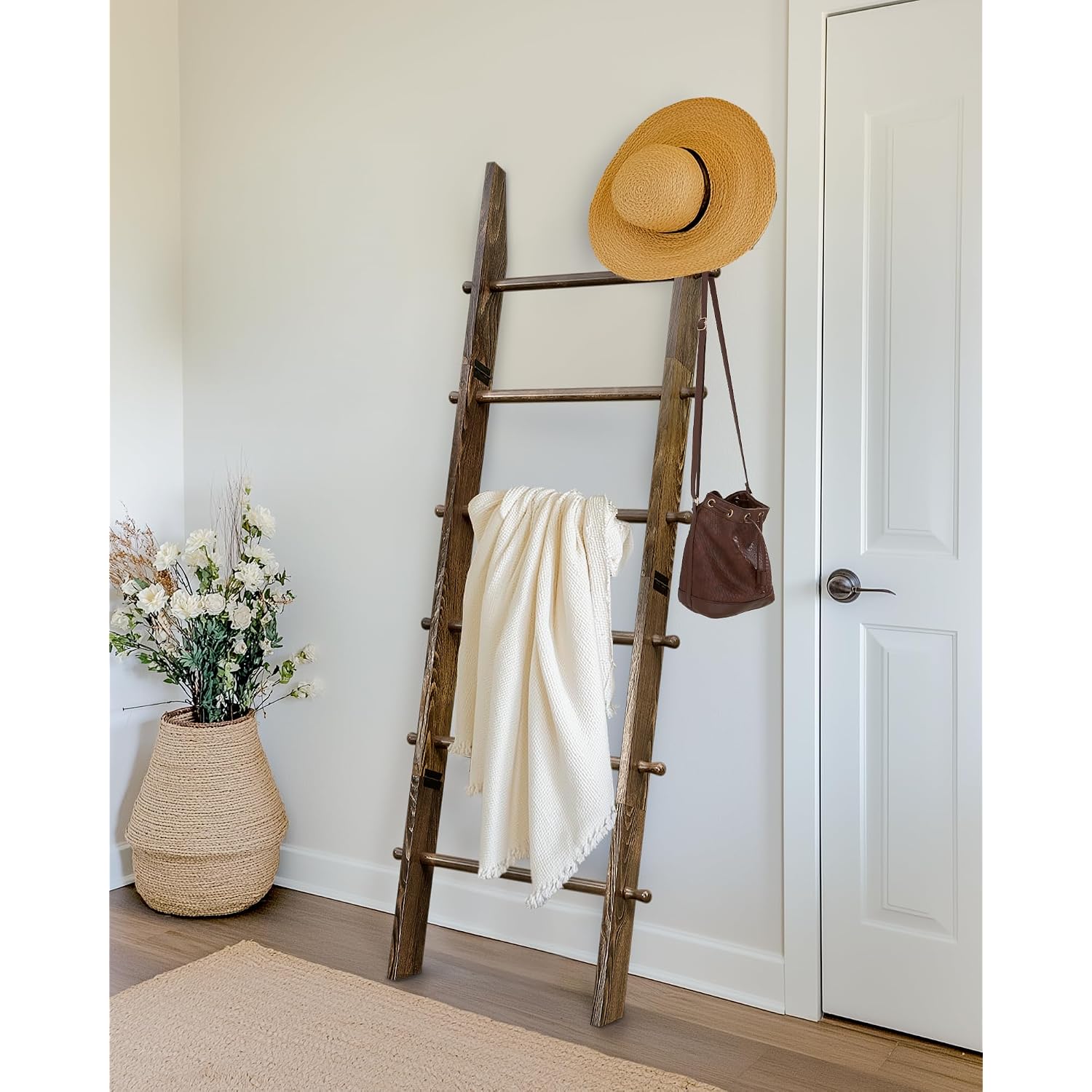 Teakmama 6-Tier 5.4Ft Blanket Ladder With Hanging Knobs Rustic Brown | Farmhouse Wall Leaning Solid Wood Scratch & Slip Proof Quilt Rack, Living Room Bedroom Bathroom, Xmas Deco, Easy Setup