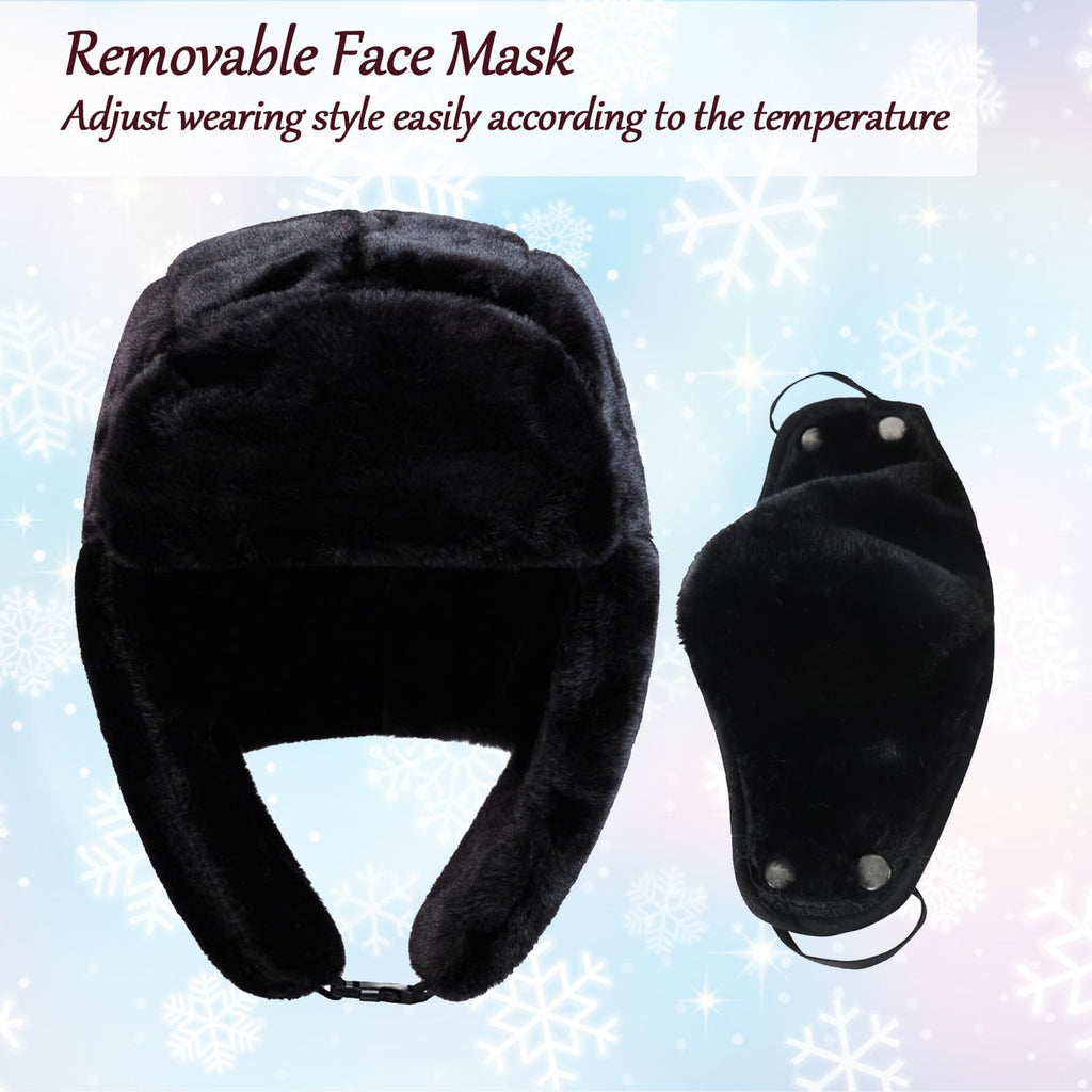 Winter Fur Hat with Removable Face Mask Fuzzy Russian Ushaka Furry Trapper Hat with Ear Flaps for Women Men Skiing Hiking