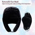 Winter Fur Hat with Removable Face Mask Fuzzy Russian Ushaka Furry Trapper Hat with Ear Flaps for Women Men Skiing Hiking