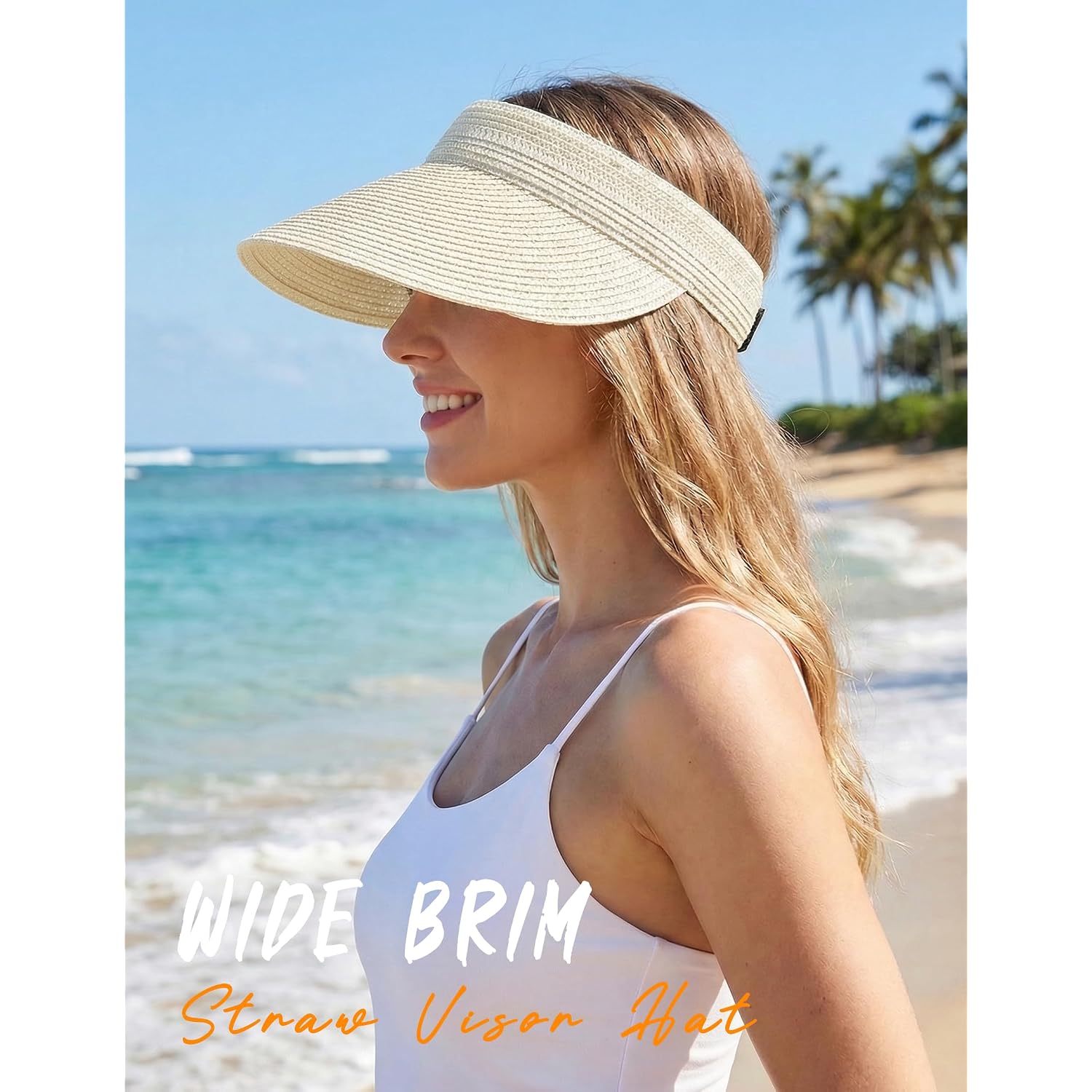 Sun Visor Hat for Women Summer Travel Vacation Foldable Wide Brim Straw Ponytail Beach Hat Outdoor UV Protection Cap Beige