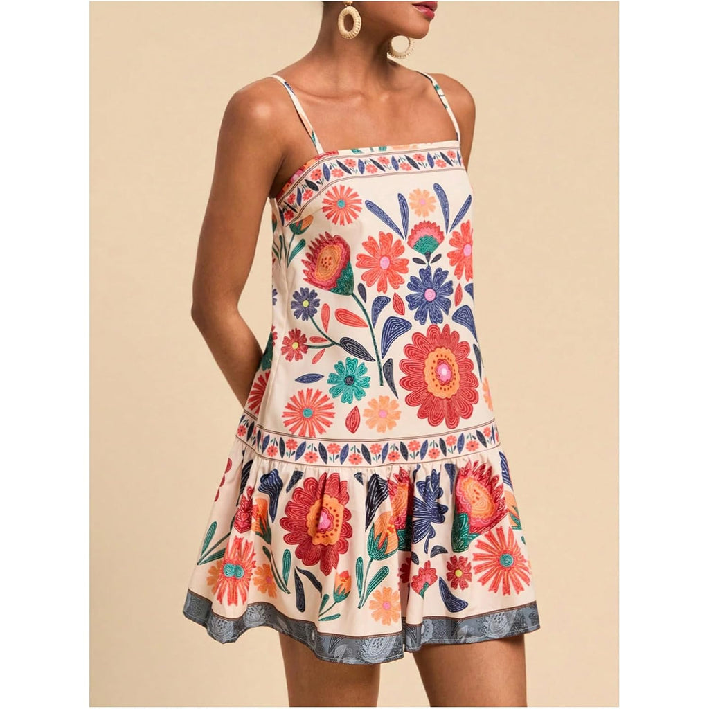 Roseseek Women'S Floral Boho Flowy Mini Cami Dress Ruffle Hem Spaghetti Strap Vacation Tank Dresses