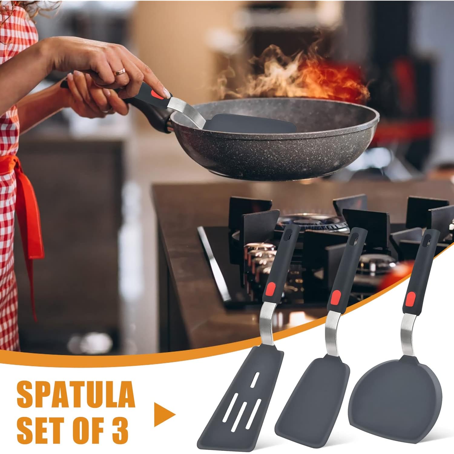 Silicone Spatula Turner Set Of 3, Beijiyi 600°F Heat Resistant Cooking Spatulas For Nonstick Cookware, Large Flexible Kitchen Utensils Bpa Free Rubber Spatula Set For Egg, Pancake, Fish, Burger