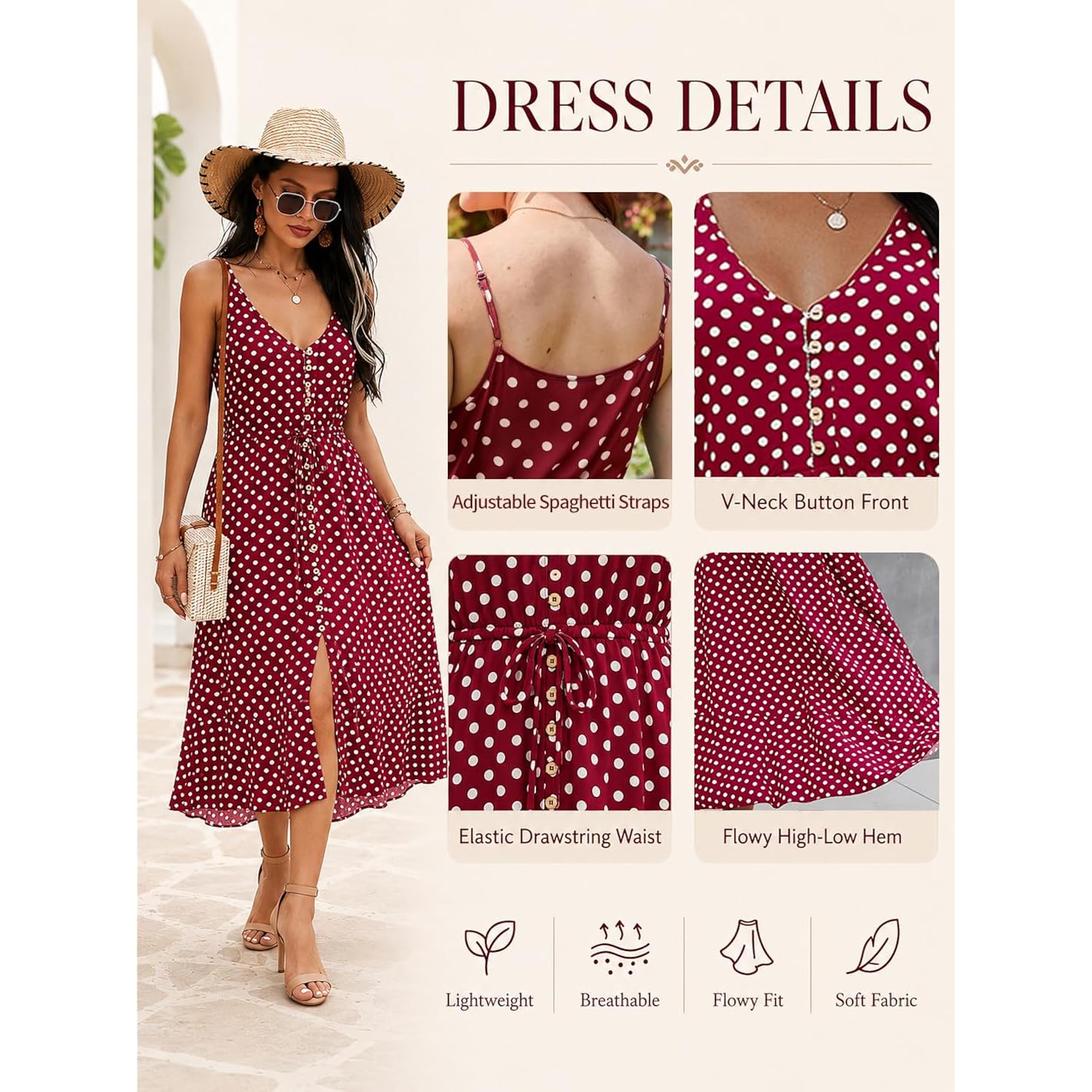 Brovave Women'S 2026 Summer Casual Boho Sundress Polka Dot Spaghetti Strap V Neck Flowy Midi Dresses