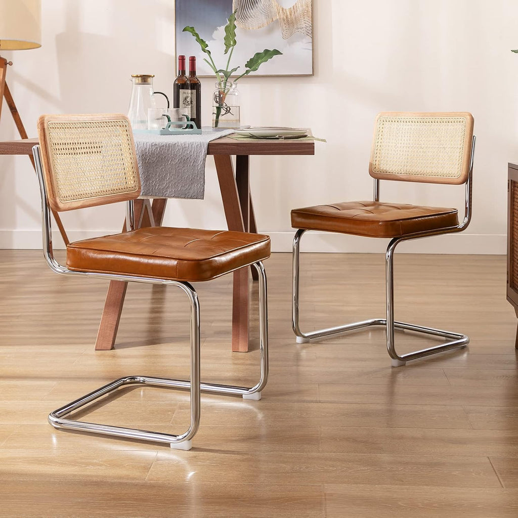 Zesthouse Natural Rattan Dining Chairs Set Of 2, Mid Century Modern Dining Room Chairs With Chrome Leg, Faux Leather Kitchen Chair With Solid Wood Back & Cane Mesh, Breuer Cesca Design Inspired, Brown