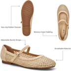 Trary Mary Jane Shoes Women Woven Flats for Women Mesh Rouned Toe Dressy Ballet Flat with Braided Adjustable Buckle Strap Spring Summer Comfortable Slip On Casual Cute Shoes