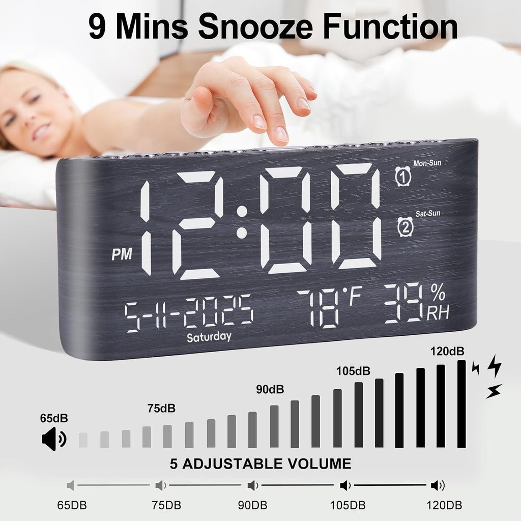 Pplee 8.7Inch Digital Alarm Clock For Bedroom-Digital Clock With Day Of Week Month Year Humidity & Temperature Brightness Snooze 2 Alarm Clock & 2 Usb Charger Desk Clock For Heavy Sleeper