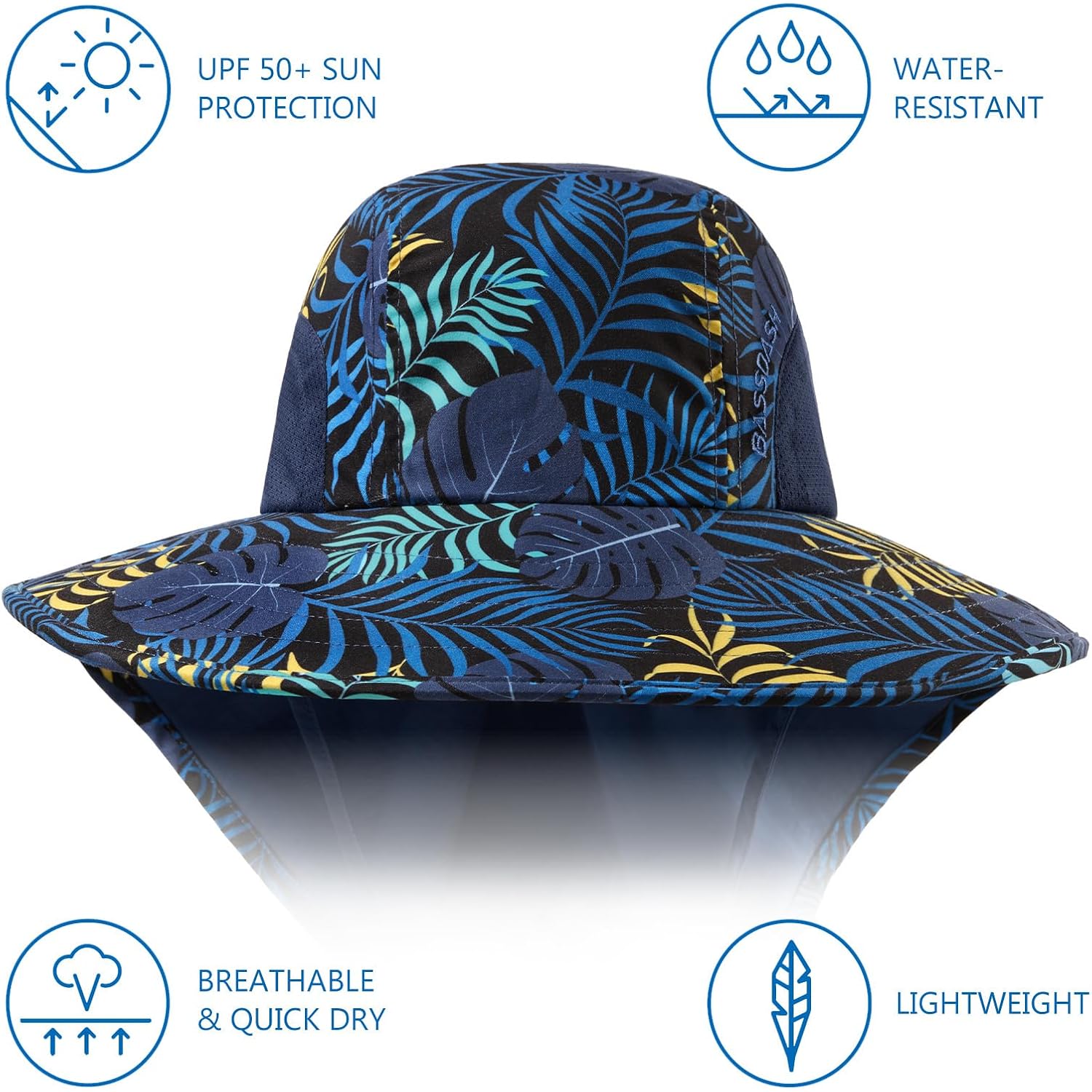Bassdash Upf 50+ Unisex Water Resistant Wide Brim Sun Hat With Large Neck Flap Ponytail Fishing Hat For Men Women
