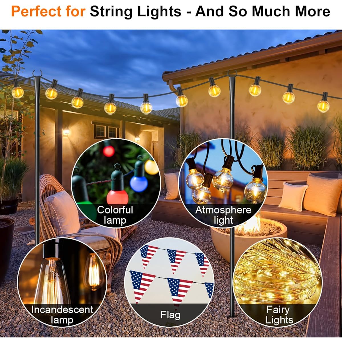 6 Pack String Light Poles For Outside, Upgraded Heavy-Duty Metal Poles For Outdoor String Lights With Fork, Adjustable Lighting Hanging Accessories For Patio Decor Pergola Backyard Garden Decorations