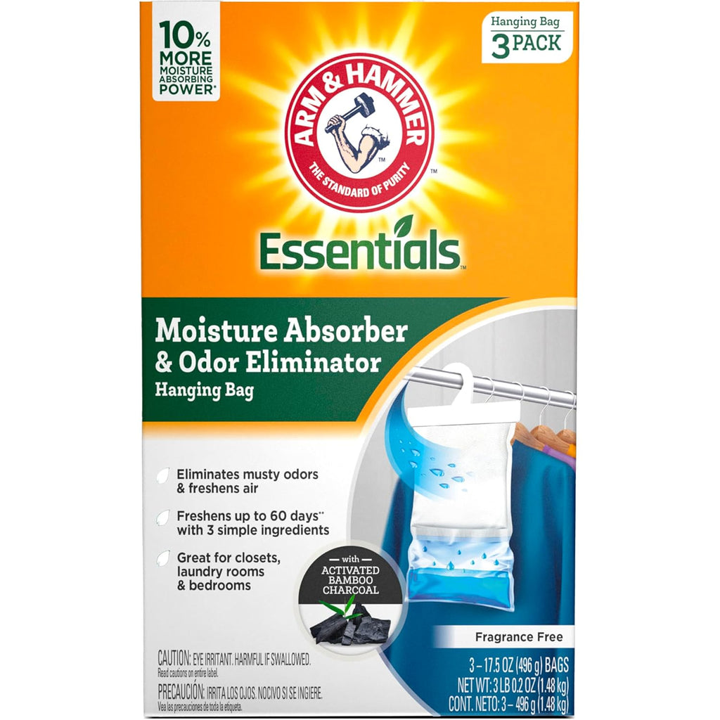 Arm & Hammer Essentials Hanging Moisture Absorber And Odor Eliminator, 17.5 Oz., 3 Pack, Fragrance Free, Moisture Absorbers For Closets, Laundry Rooms And Bedrooms, Long-Lasting Freshness