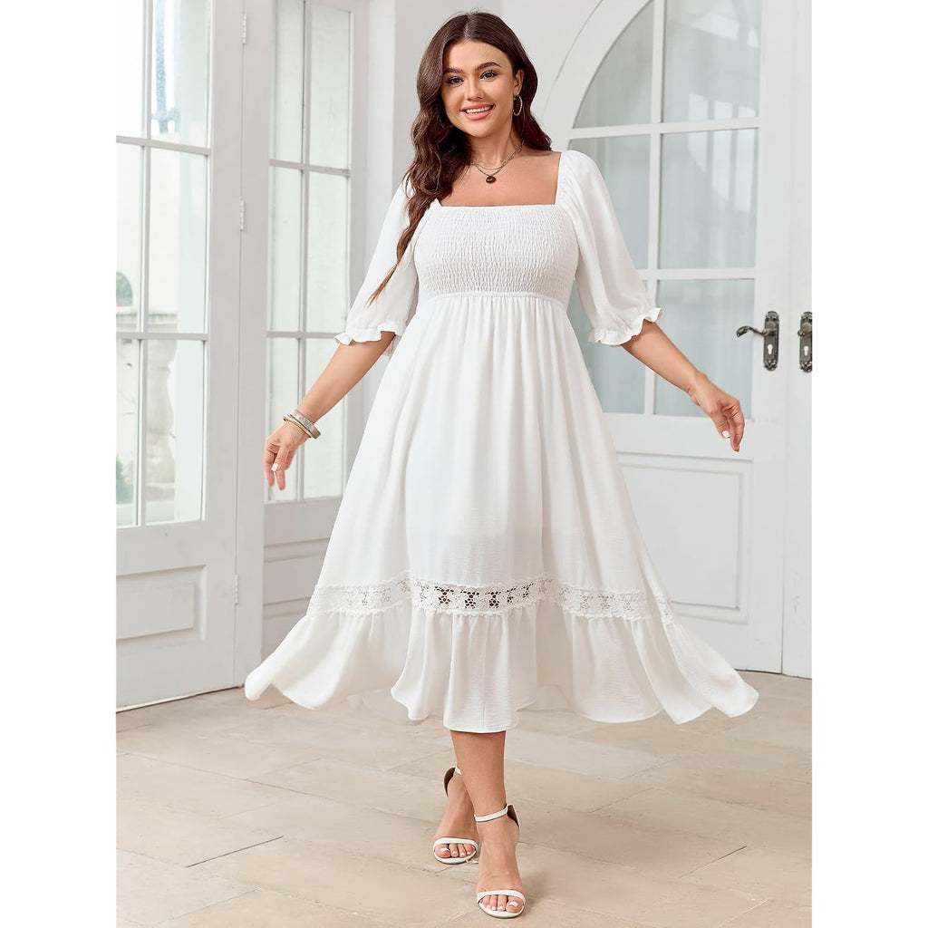 Scomchic Women'S Plus Size Boho Maxi Dress Short Sleeve Square Neck Smocked Flowy A-Line Lace Trim Wedding Guest Dresses