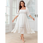 Scomchic Women'S Plus Size Boho Maxi Dress Short Sleeve Square Neck Smocked Flowy A-Line Lace Trim Wedding Guest Dresses
