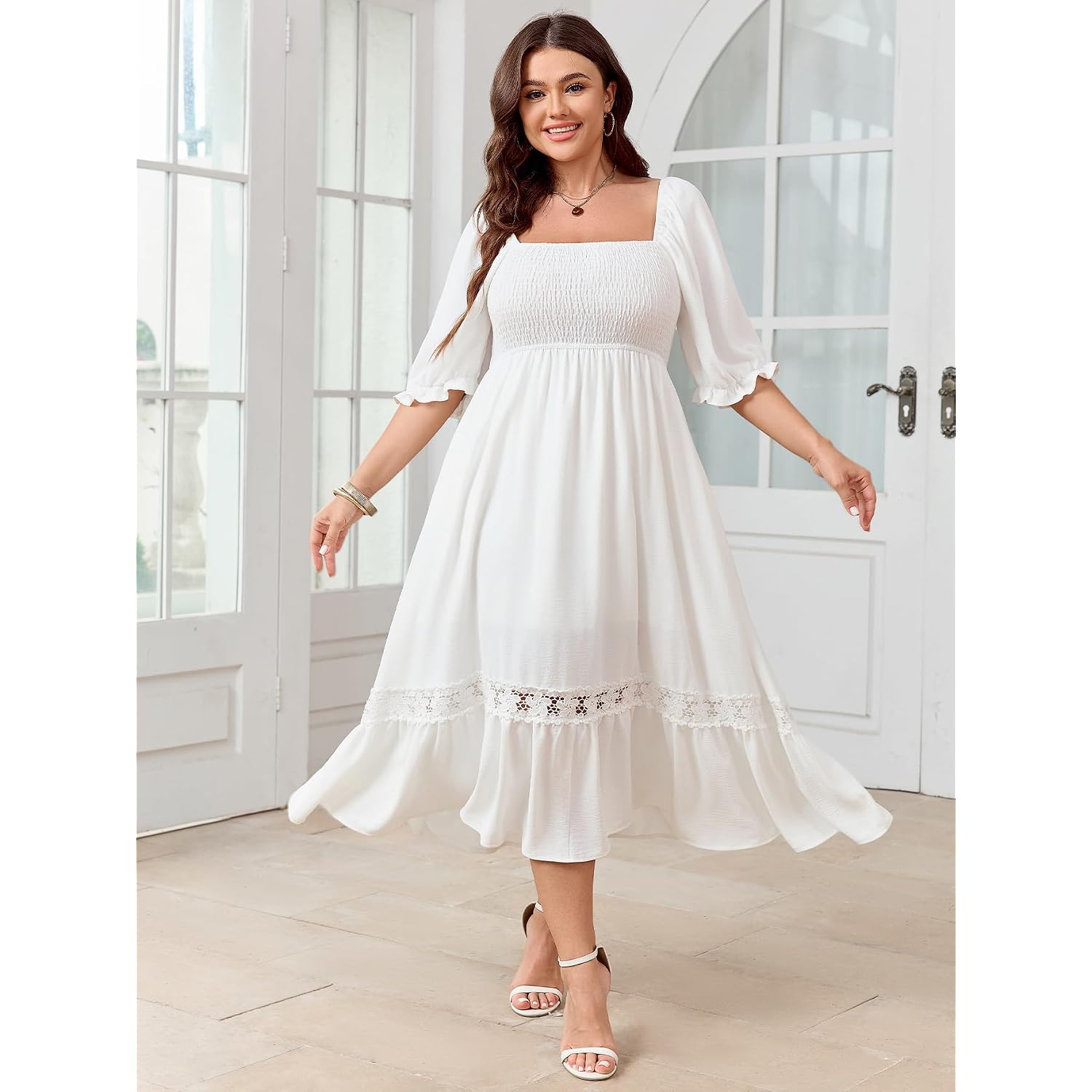 Scomchic Women'S Plus Size Boho Maxi Dress Short Sleeve Square Neck Smocked Flowy A-Line Lace Trim Wedding Guest Dresses