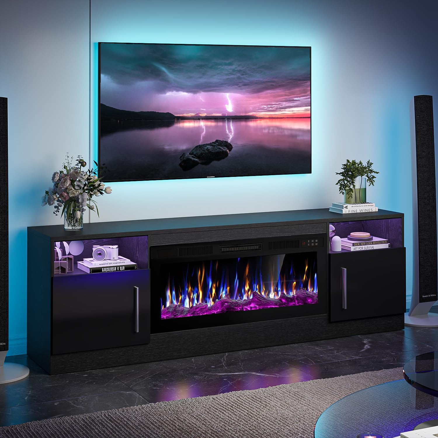 Vitesse Fireplace With Tv Stand 36" Inch Electric Fireplace Up To 80" Tvs, Led Light Entertainment Center, 70" Modern Wood High Gloss With Highlight Storage Cabinet For Living Room (Black)