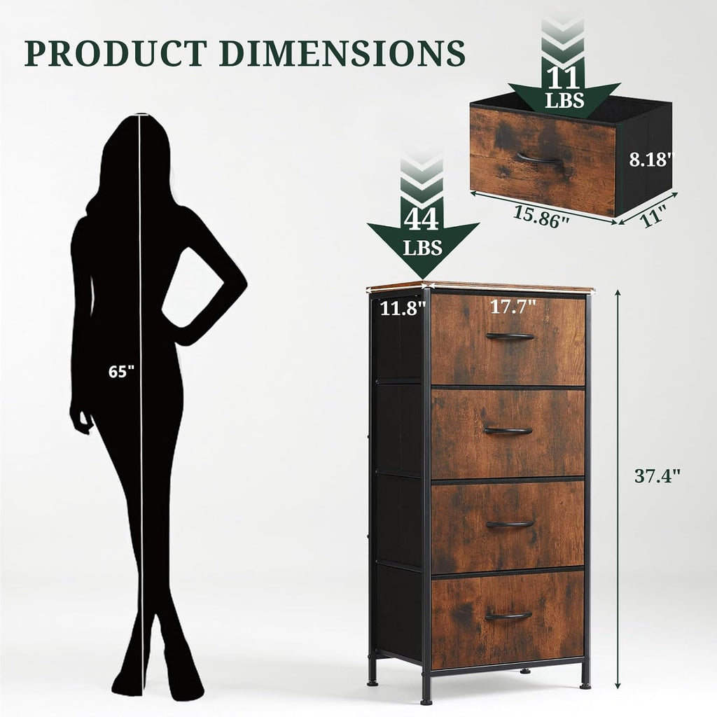 4 Drawers Dresser For Bedroom Fabric Storage Tower With Wooden Top | Steel Frame Tall Chest Of Drawers For Closet, Entryway, Dorm, Brown
