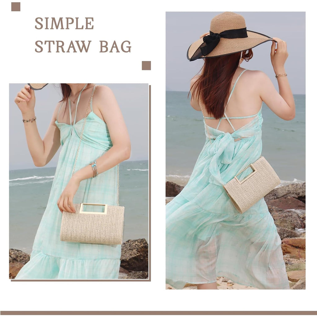 Top Handle Straw Clutch For Women Summer Clutch Straw Evening Bag Raffia Crossbody Purses Woven Beach Clutch
