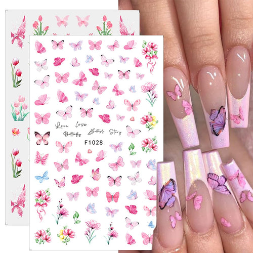8 Sheets Butterfly Flower Nail Art Stickers Spring Tulip Orchid Flowers Nail Stickers Colorful Floral Acrylic Gel Nail Art Pink Blue Butterfly Nail Decals Cute Nail Design Charms for Nail Tips Decor