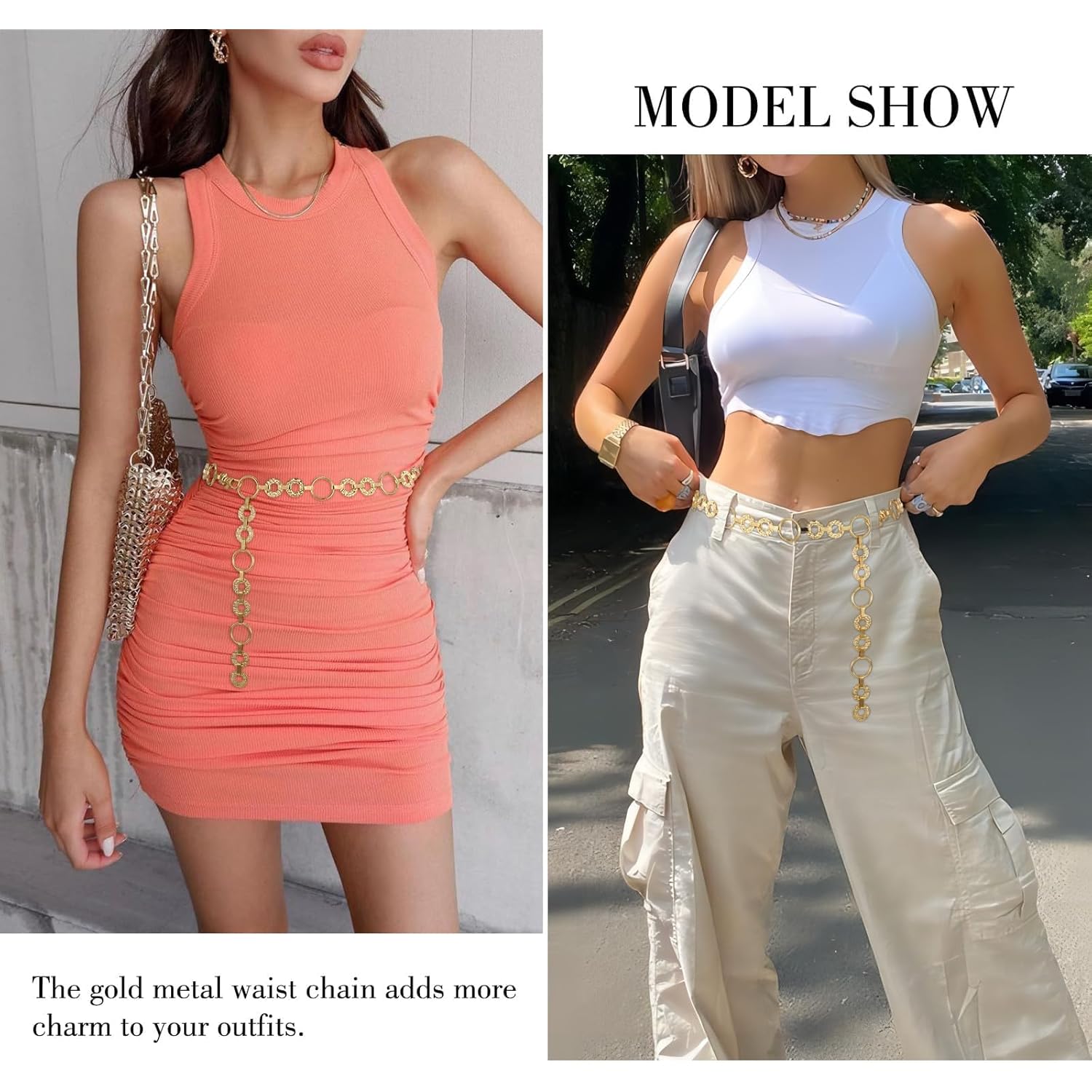 WHIPPY Metal Waist Chain Belt Women Adjustable Body Link Belts Ladies Fashion Chain for Jeans Dress