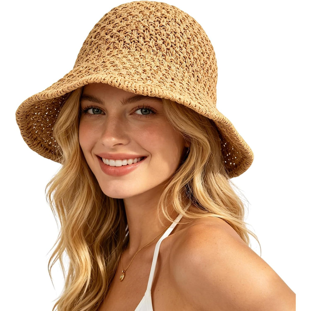 Sun Hat For Women Summer Straw Beach Hats Floppy Crochet Hat Uv Protection Travel Bucket Hat Foldable Packable