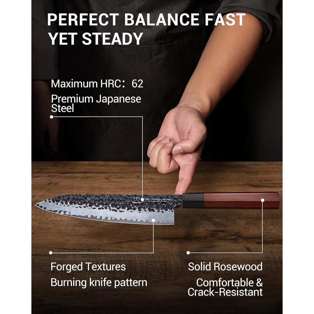 FAMCÜTE 8 Inch Japanese Knife, Hand Forged 5 Layers High Carbon 9CR18MOV Steel Rosewood Handle Chef Knife, Ultra Sharp Durable Professional Kitchen Knife, A Thoughtful Father Day Gifts for Men