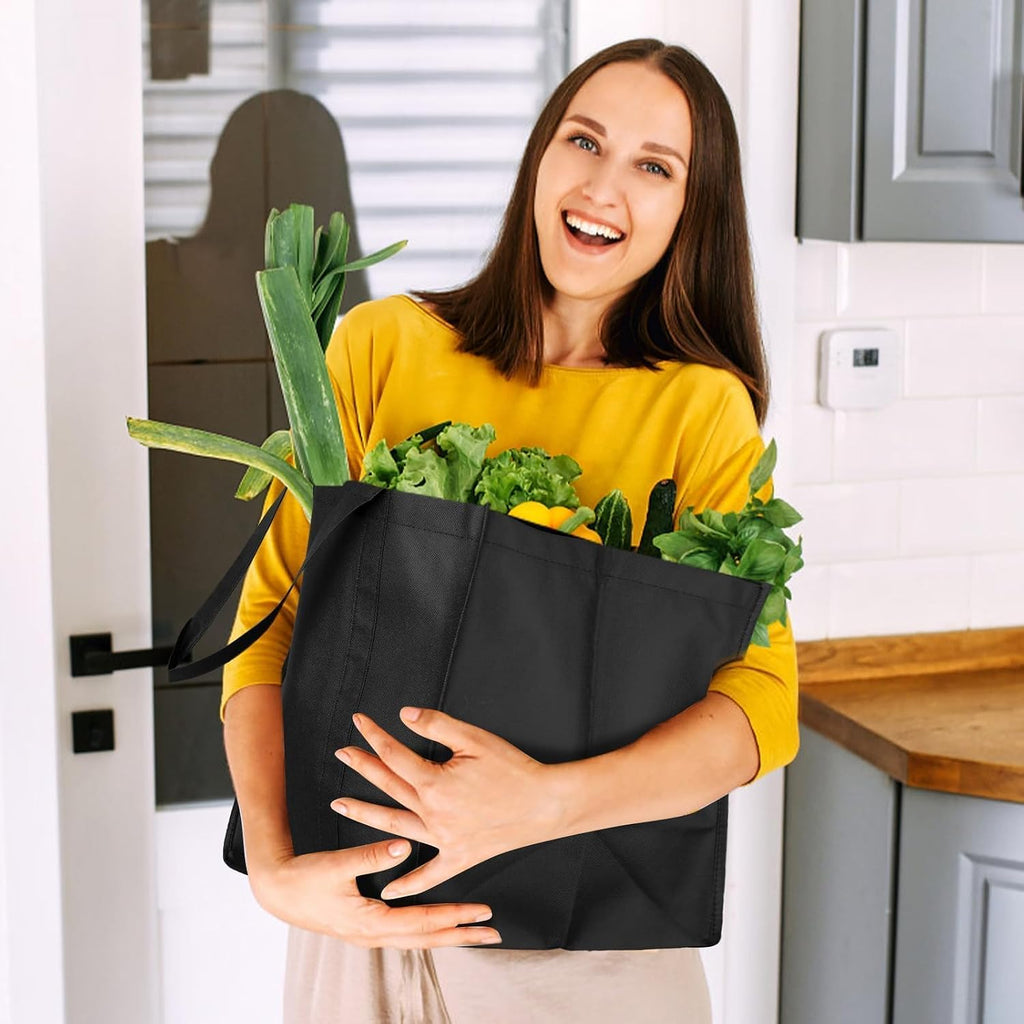 Wiselife Reusable Grocery Shopping Bags 10 Pack Large Foldable Tote Bags Bulk, Eco Produce Bags With Long Handle For Shopping Groceries Clothes (Grey&Black)
