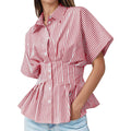 Womens Striped Peplum Button Down Shirts Short Sleeve Pleated Tops Summer Business Casual Blouses