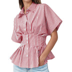 Womens Striped Peplum Button Down Shirts Short Sleeve Pleated Tops Summer Business Casual Blouses