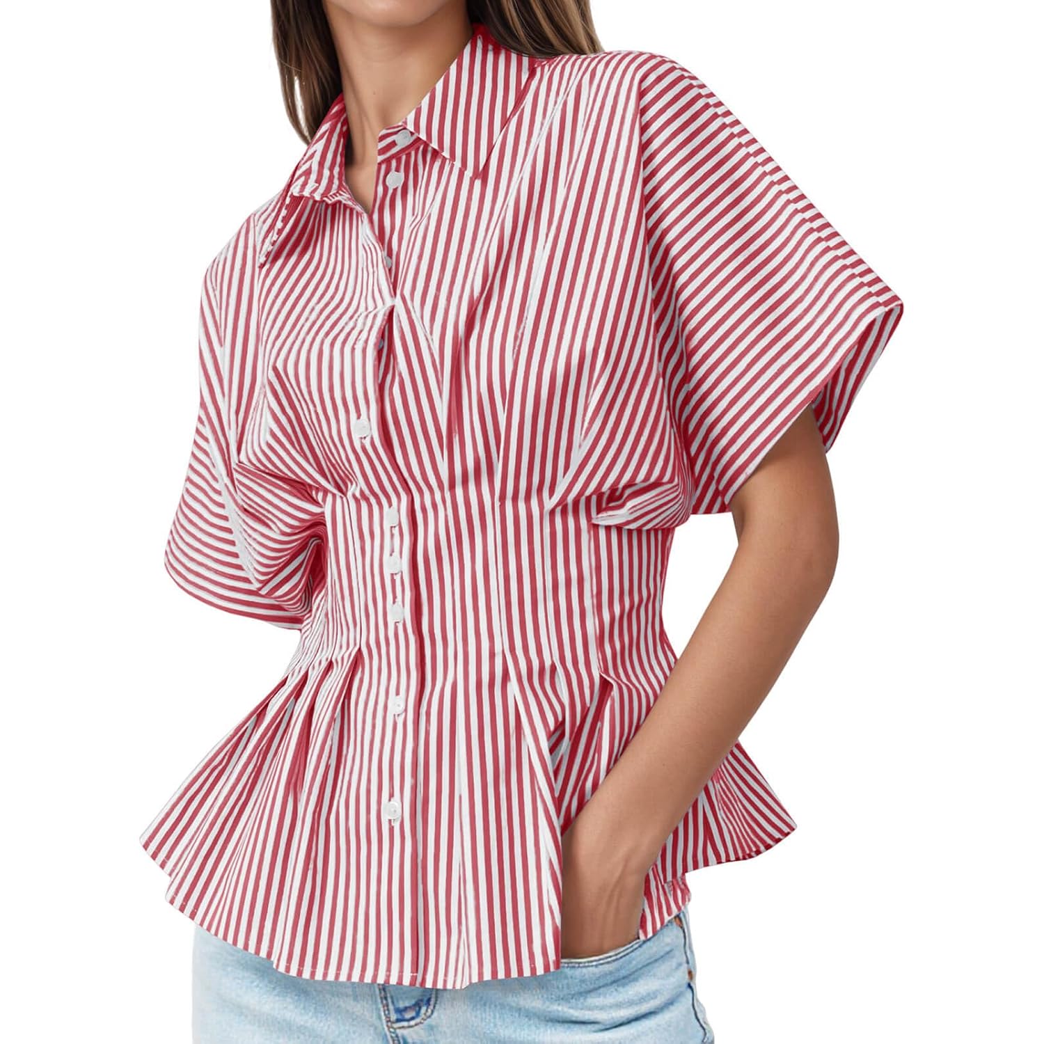 Womens Striped Peplum Button Down Shirts Short Sleeve Pleated Tops Summer Business Casual Blouses