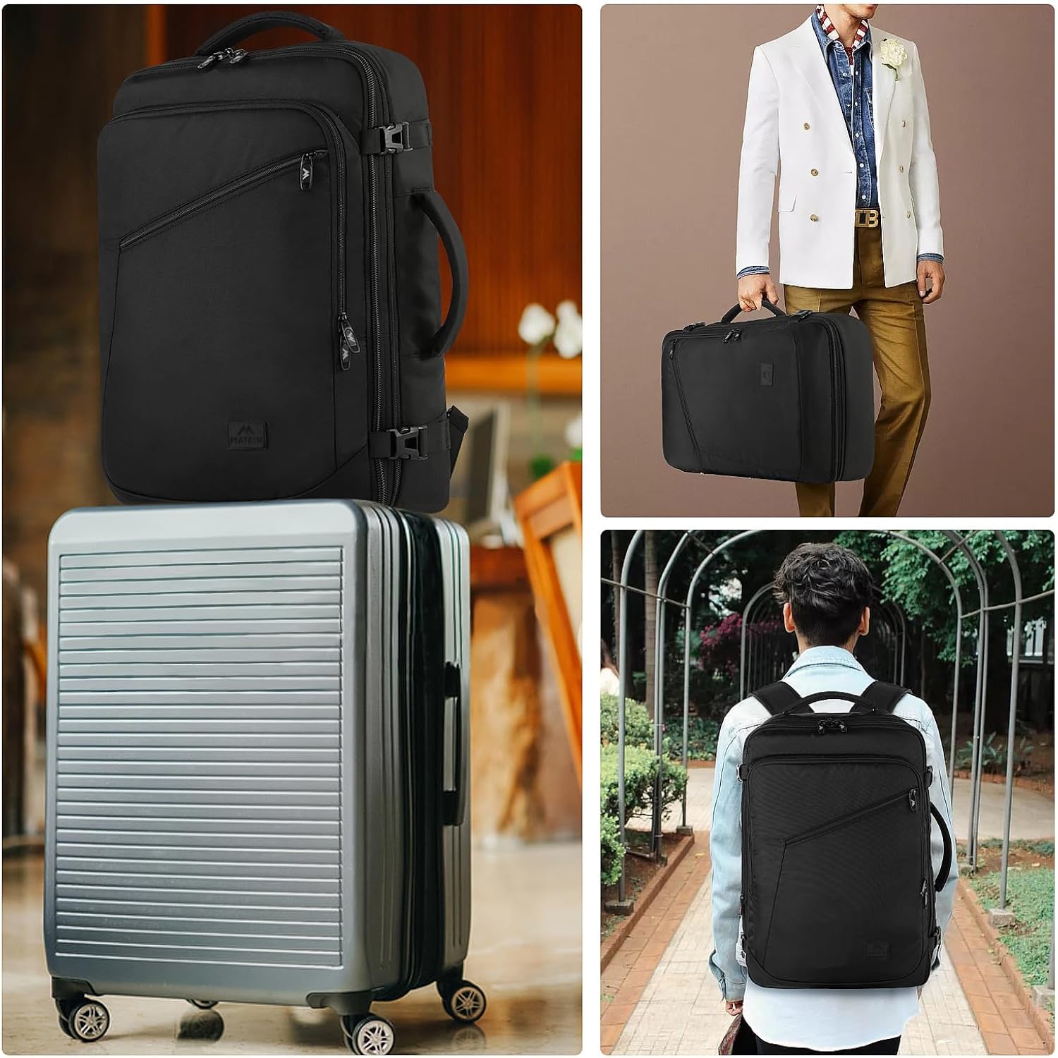 Matein Carry On Backpack, Extra Large Expandable Travel Backpack For Men | Airplane Approved, Weekender Bag For Women, Mochila De Viaje, Water Resistant, Lightweight Daypack For Flight, 40L, Black